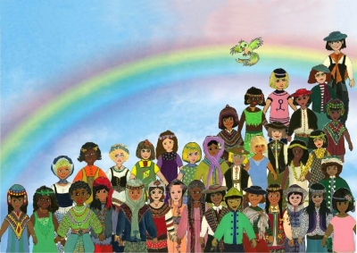 Kinder aus aller Welt unter einem Regenbogen