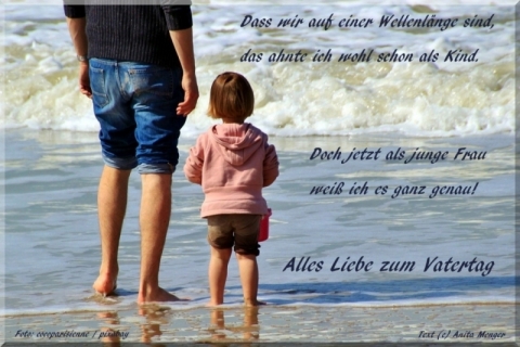 Bild mit Spruch zum Vatertag / Motiv Vater und Tochter am Meer