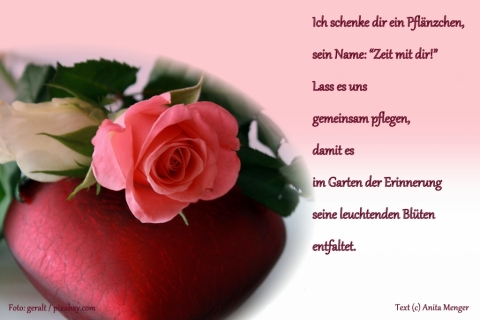 Muttertagskarte mit Herz und Rose. Muttertagsgedicht von Anita Menger